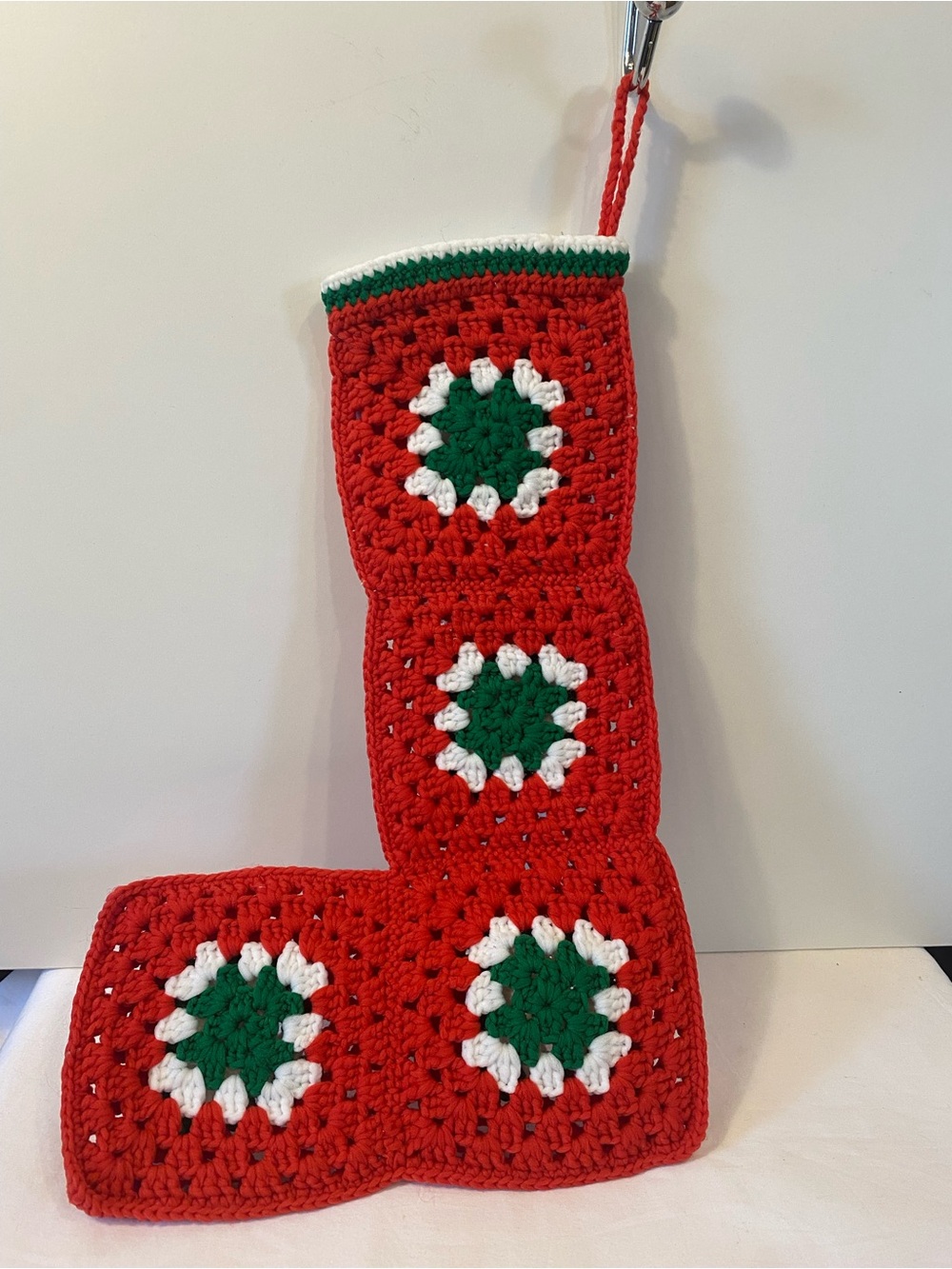 Handmade Vintage Granny Square Christmas Stocking Red White Green Heirloom Chic